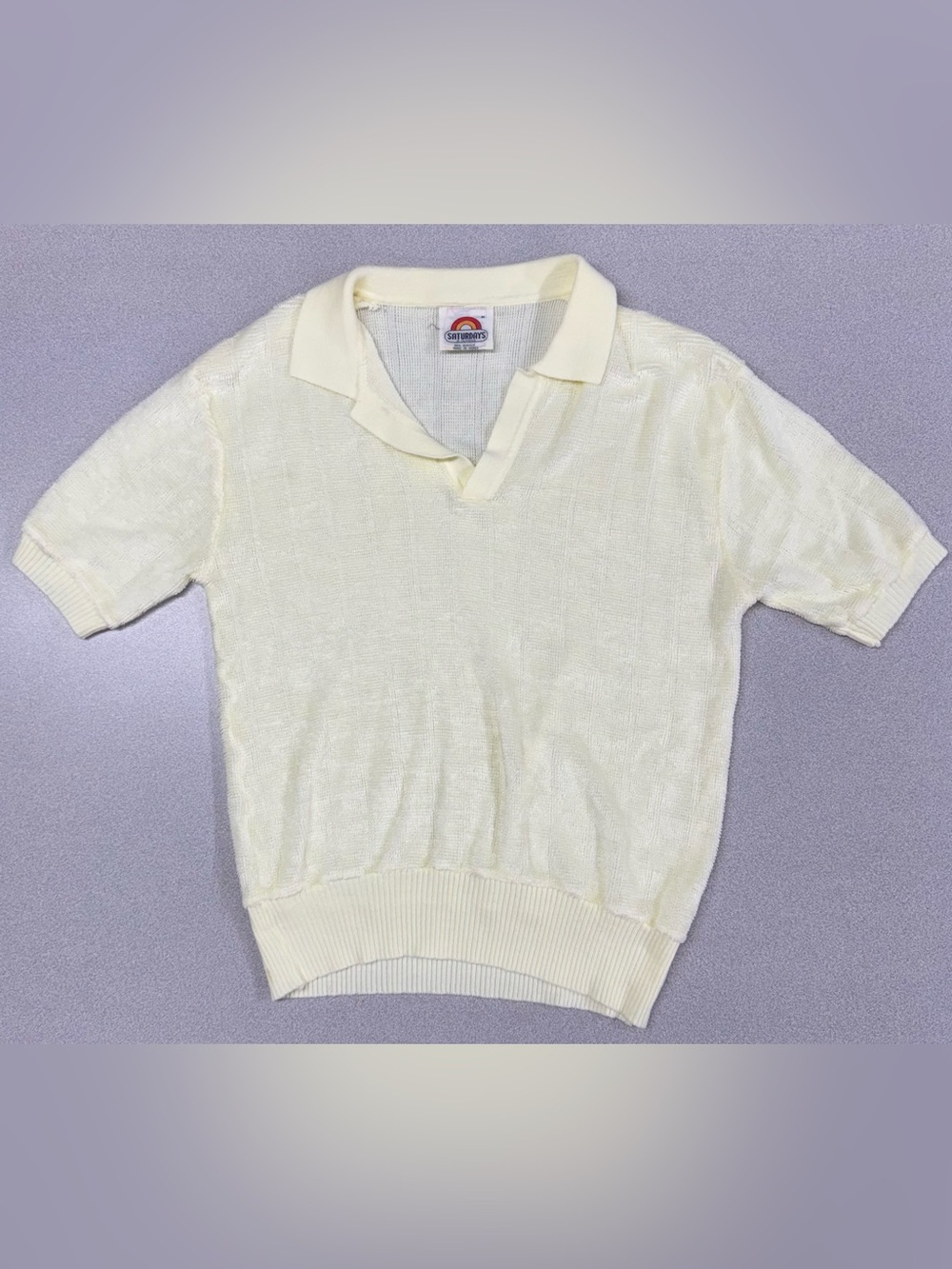 Vintage 1970s Saturdays in California Light Yellow Open Johnny Collar Knit Shirt